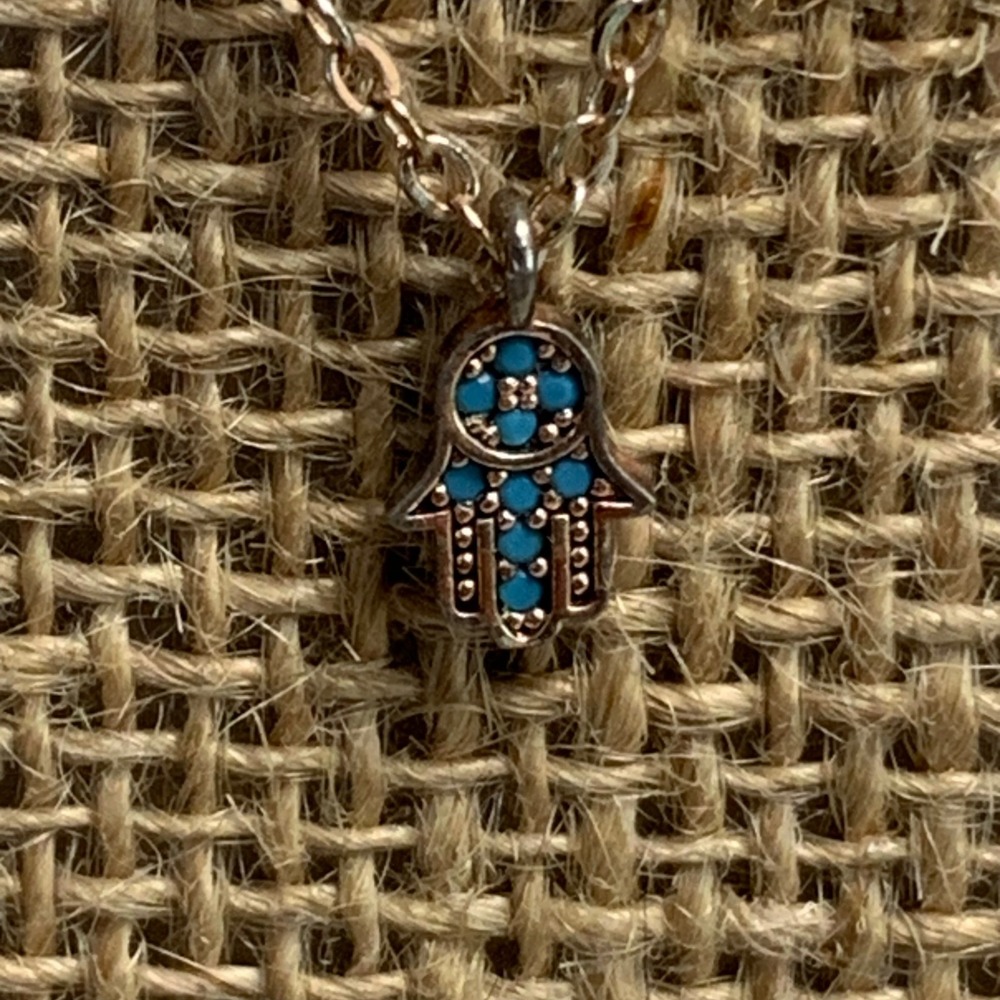 Rose Gold Tone Hamsa Hand Turquoise Accent Pendant Necklace 18 Inch Chain